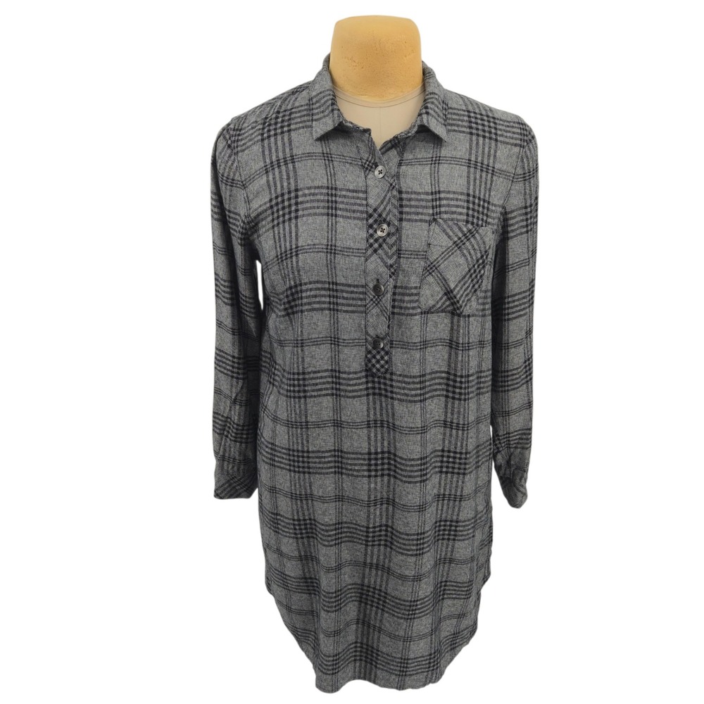 J.Jill Women Plaid Tunic Shirt Gray Black Tencel Lyocell Henly Top Size M Casual